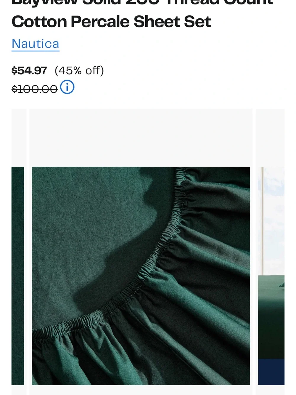 Nautica Bayview Solid Cotton Percale Sheet Set - Deep Green - TWIN